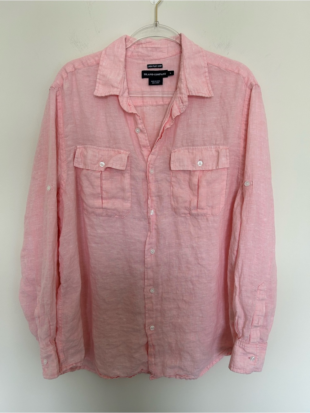 Island Company Linen Pilot Shirt Peach Pink Size Large Long Sleeve with Tabs